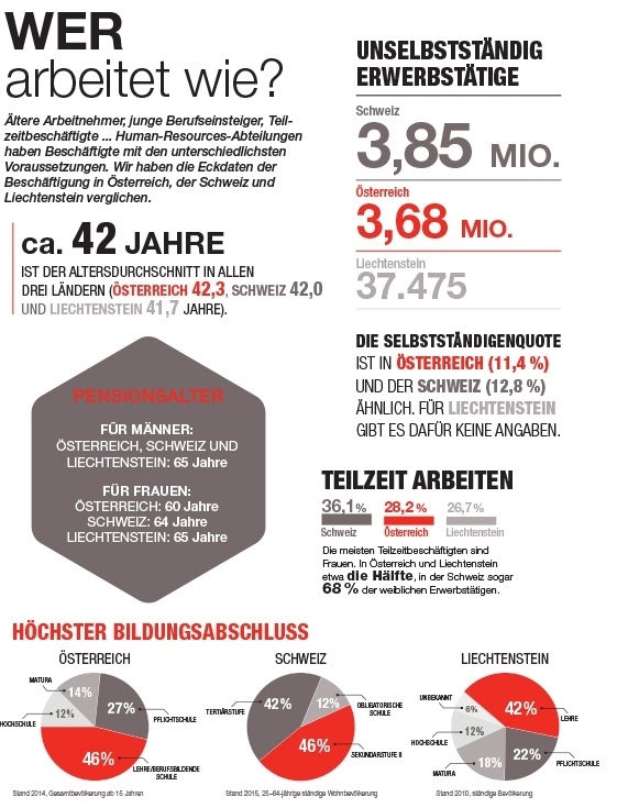 Infografik über die Beschäftigung in Österreich, Schweiz und Liechtenstein