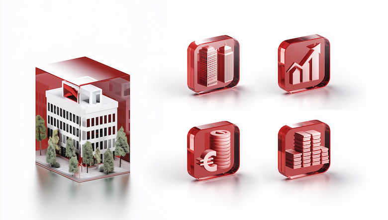 Symbolbild Immobilien, Four floating 3D icons in a 4x1 grid layout, with no frames or boxes, rendered in matte red transparent glass style. Each icon features soft shadows and subtle reflections on a clean white background: 1st icon: A modern real estate building with clean architectural lines, 2nd icon: A trading symbol with up and down arrows over a minimal chart, 3rd icon: A finance icon with stacked coins and a euro sign, 4th icon: Infrastructure represented by either stacked bricks or a highway flyover