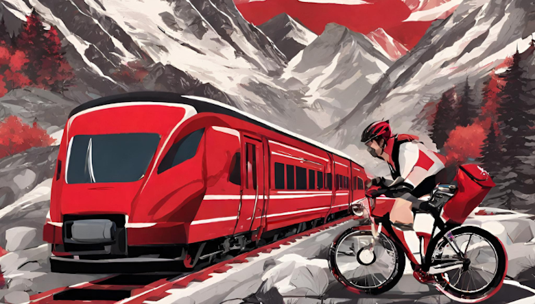 Roter Zug und Fahrradfahrer begegnen sich in den Alpen