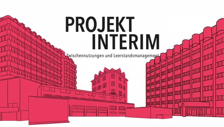 Projekt Interim hilft Eigentümern oder Verwaltungen, mit maßgeschneiderten Zwischennutzungen Leerstand zu vermeiden oder zu überbrücken. (Bild © Projekt Interim) Grafik von mehreren Gebäuden mit dem Logo von Projekt Interim