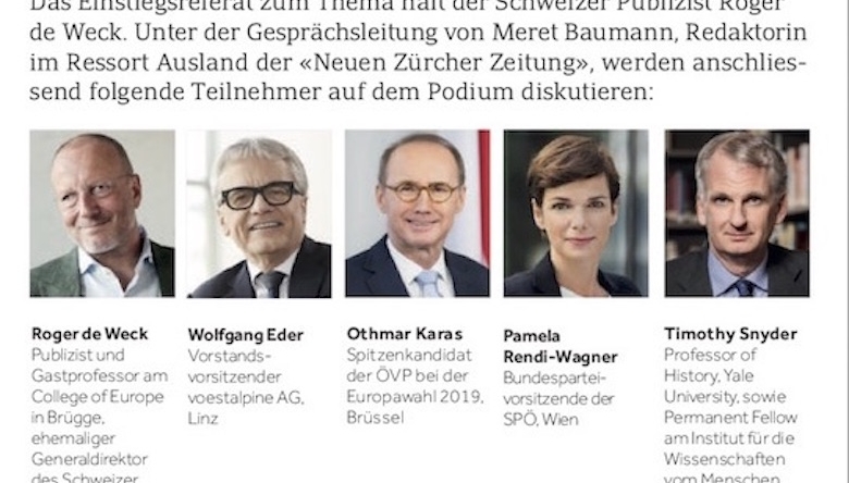 Roger de Weck, Wolfgang Eder, Othmar Karas, Timothy Snyder werden mit Meret Baumann über Europa diskutieren