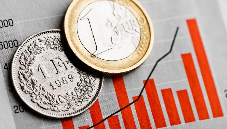 Die SNB hob im Juni unerwartet die Zinsen um 50 Basispunkte an. Eine Zinsanhebung der EZB wird für Juli erwartet. (Foto: Shutterstock) Euromünze und Frankenmünze über einem Diagramm (Foto: Shutterstock)