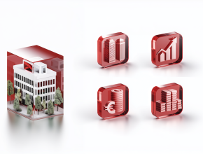 Symbolbild Immobilien, Four floating 3D icons in a 4x1 grid layout, with no frames or boxes, rendered in matte red transparent glass style. Each icon features soft shadows and subtle reflections on a clean white background: 1st icon: A modern real estate building with clean architectural lines, 2nd icon: A trading symbol with up and down arrows over a minimal chart, 3rd icon: A finance icon with stacked coins and a euro sign, 4th icon: Infrastructure represented by either stacked bricks or a highway flyover