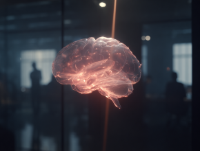 Single translucent holographic brain floating in a dark office environment, thin beam of light, subtle silhouettes of corporate employees in background shadows, premium business technology aesthetic, minimalist editorial thumbnail, realistic, sharp contrast, elegant and modern --ar 4:3