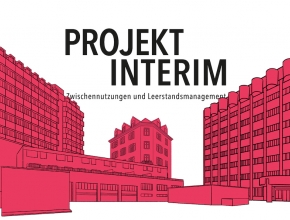 Projekt Interim hilft Eigentümern oder Verwaltungen, mit maßgeschneiderten Zwischennutzungen Leerstand zu vermeiden oder zu überbrücken. (Bild © Projekt Interim) Grafik von mehreren Gebäuden mit dem Logo von Projekt Interim