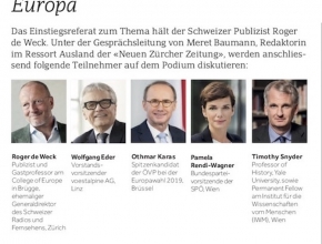 Das NZZ Podium findet am 13. Mai 2019 im MuseumsQuartier, Arena 21 statt. Roger de Weck, Wolfgang Eder, Othmar Karas, Timothy Snyder werden mit Meret Baumann über Europa diskutieren